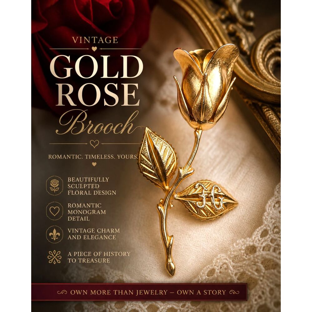Vintage 1960s Gold Tone Monogram Rose Brooch | Romantic Cottagecore Heirloom